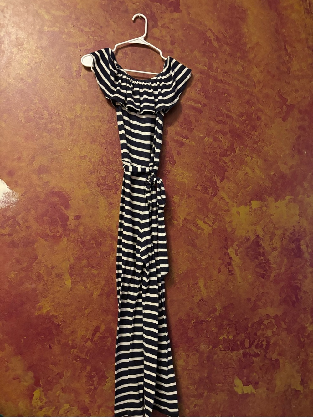 Girls Size 14 Striped Off-Shoulder Jumpsuit - Navy and White